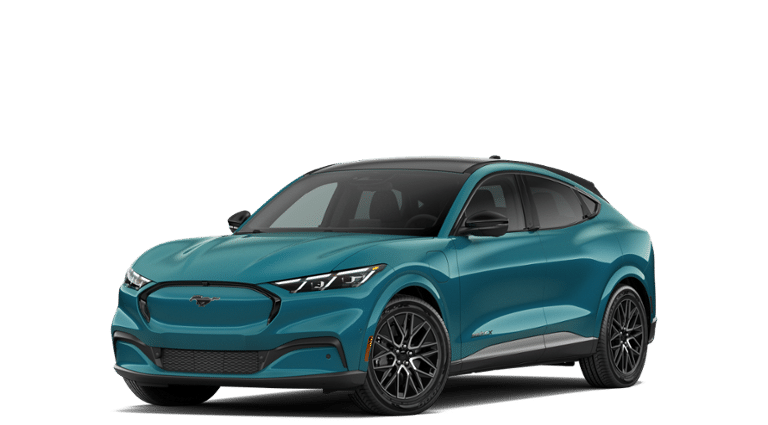 2026 Ford Mustang Mach-E Premium in Adriatic Blue Metallic — front three-quarter view